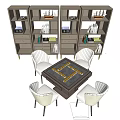 Entertainment Table Surrounded by White Chairs Against Bookshelves With Books And Decorations