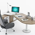 Modern Wooden Office Desk With Black Chair Apple MacBook Desk Lamp And Supplies