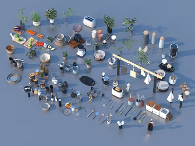 Assorted Kitchen Utensils Collection Featuring Appliances Plants Dishes Containers And Cooking Tools 3d model