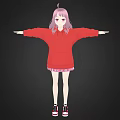 3D Anime Character With Pink Hair Red Hoodie Plaid Skirt Arms Outstretched On Black Background