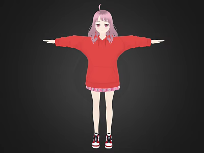 3D Anime Character With Pink Hair Red Hoodie Plaid Skirt Arms Outstretched On Black Background 3d model