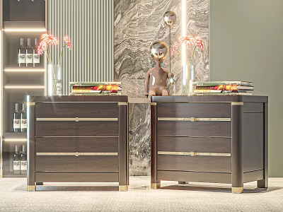 Elegant Dark Wood Bedside Tables With Gold Handles Books Vases And Marble Wall 3d model