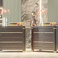 Elegant Dark Wood Bedside Tables With Gold Handles Books Vases And Marble Wall