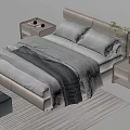 Modern Double Bed with Light Headboard Gray Pillows Navy Blankets Nightstands and Ottoman