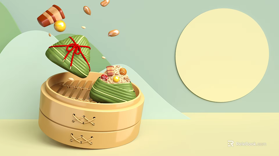 Commercial Double Layer Bamboo Steamer with Zongzi Green Leaves and Beans 3d model 