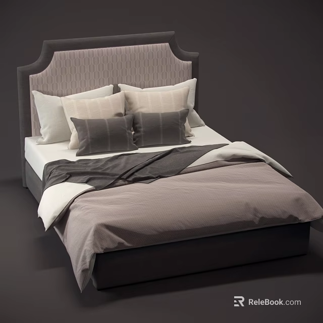 Modern Minimalist Double Bed With Patterned Upholstered Headboard And Gray White Bedding 3d model