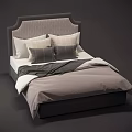 Modern Minimalist Double Bed With Patterned Upholstered Headboard And Gray White Bedding 3d model