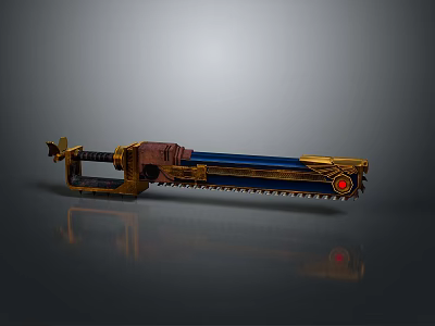 Mechanical Design Chainsaw Gun With Blue Gold Accents And Red Circular Metallic Component 3d model