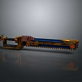Mechanical Design Chainsaw Gun With Blue Gold Accents And Red Circular Metallic Component