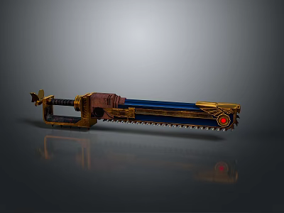 Mechanical Design Chainsaw Gun With Blue Gold Accents And Red Circular Metallic Component 3d model