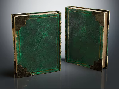 Vintage Old Books With Green Worn Covers And Decorative Corners On Gray Background 3d model