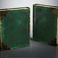 Vintage Old Books With Green Worn Covers And Decorative Corners On Gray Background