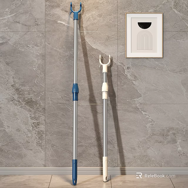 Adjustable Metal Clothes Rack With Blue Beige Telescopic Poles On Gray Wall 3d model 
