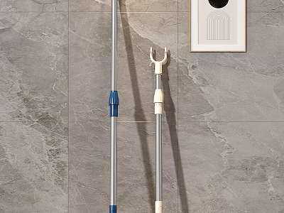 Adjustable Metal Clothes Rack With Blue Beige Telescopic Poles On Gray Wall 3d model