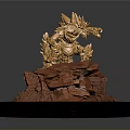 Golden Animal Statue Standing On Red Rock Base With Black Circular Plinth