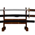 Traditional Japanese Katana Swords Displayed on Wooden Stand with Sheath and Sharp Blade