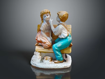 Children Boy And Girl Sitting On Bench With Kitten Decorative Figurine 3d model