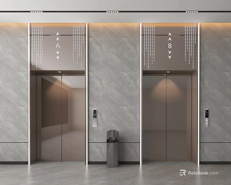 Public Facilities Modern Elevators In Commercial Building With Marble Walls And Lighting Fixtures 3d model 