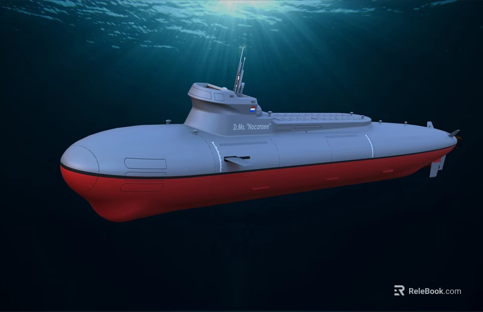 Underwater Scene Of DAS BOOT Submarine With Red Bottom And Grey Hull 3d model 