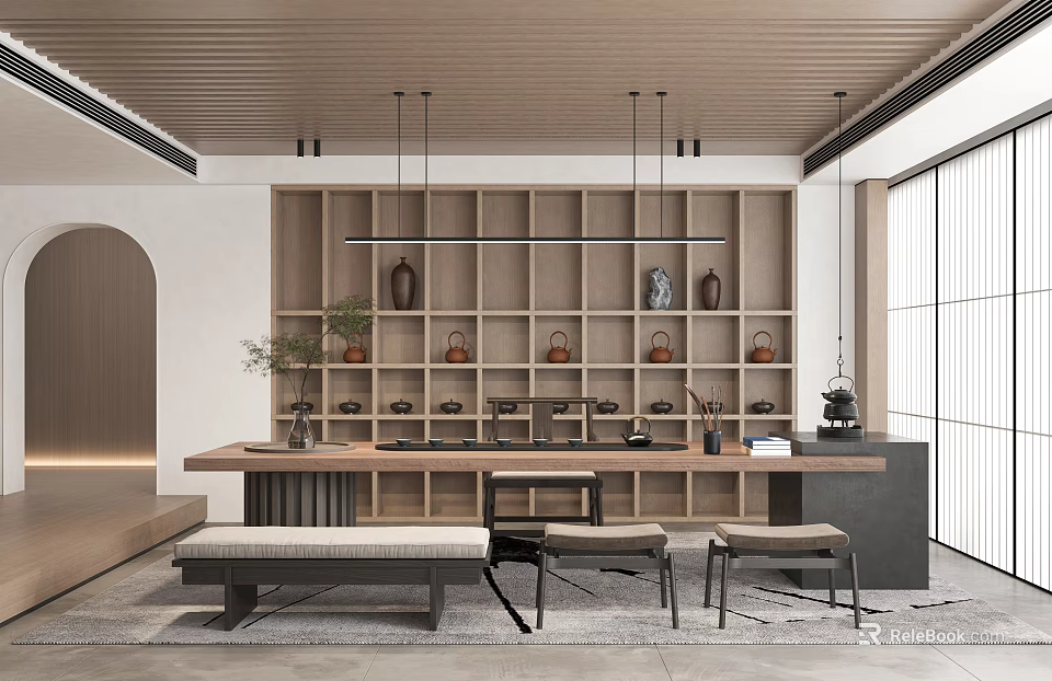 Minimalist Modern Tea Room With Wooden Shelves Ceramic Pots Tea Sets Long Table Bench Chairs 3d model 