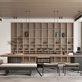 Minimalist Modern Tea Room With Wooden Shelves Ceramic Pots Tea Sets Long Table Bench Chairs