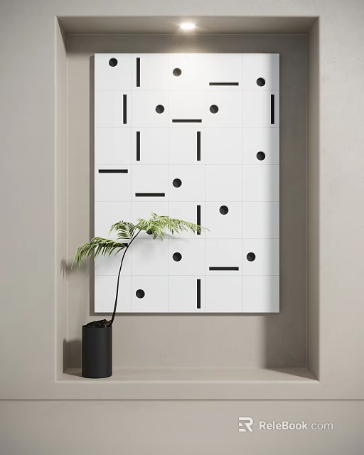 Abstract Painting With Black Lines Dots On White Squares And Green Plant In Black Pot 3d model 