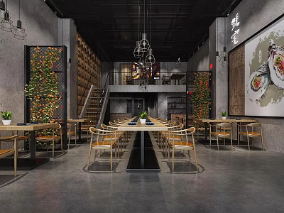 Modern Restaurant Interior Design With Open Kitchen Wooden Tables Chairs And Mural Art 3d model