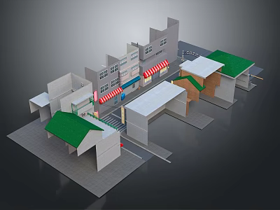Cartoon Scenery With Small Commercial Buildings Green White Roofs Red White Striped Awnings And Sidewalk 3d model