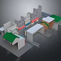 Cartoon Scenery With Small Commercial Buildings Green White Roofs Red White Striped Awnings And Sidewalk