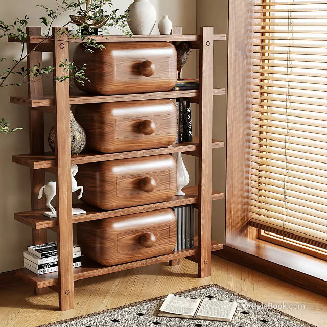Wooden Storage Shelf With Multiple Drawers And Decorative Items In Natural Light 3d model 