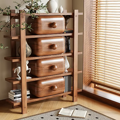 Wooden Storage Shelf With Multiple Drawers And Decorative Items In Natural Light 3d model