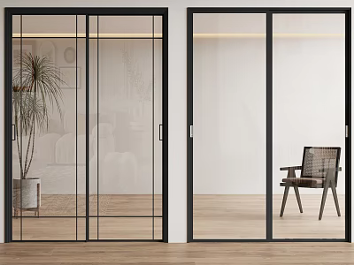 Modern Black Frame Sliding Glass Doors For Interior Living Space With Wooden Floor And Chair 3d model