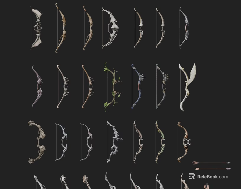 Various Decorative Bows As Traditional Weapons With Intricate Designs And Styles 3d model 
