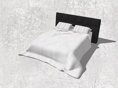 Double Bed with Black Headboard White Bedspread and Two Pillows in Gray Textured Wall Setting 3d model