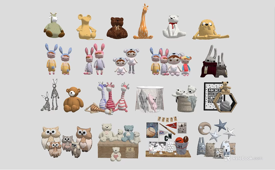 Cute Stuffed Animal Dolls With Various Shapes Soft Plush And Animal Designs 3d model 