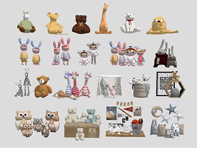 Cute Stuffed Animal Dolls With Various Shapes Soft Plush And Animal Designs 3d model