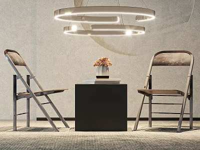Two Modern Accent Chairs With Black Side Table Floral Vase And Round Pendant Light 3d model