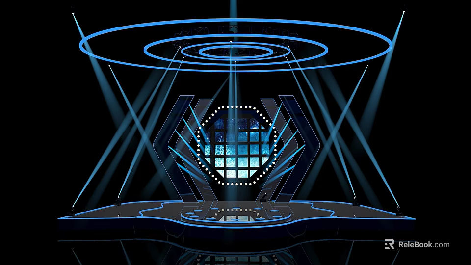 Futuristic Stage Design With Blue Halos Hexagonal Structure Geometric Shapes And Lighting Effects 3d model 