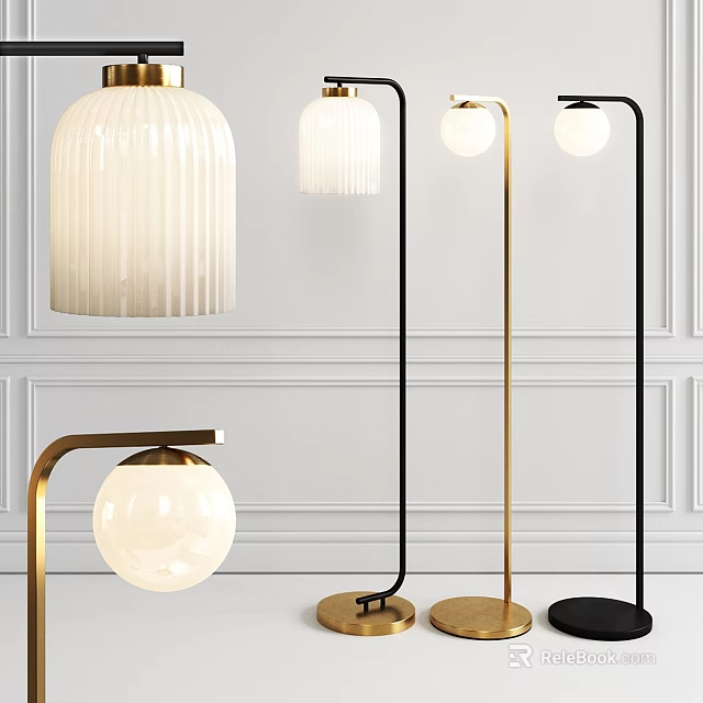 Modern Floor Lamp Collection With Glass Shade Striped Spherical Design And Gold Black Base 3d model 