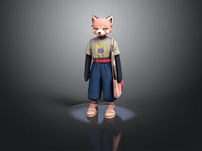 Cartoon Fox Wearing Green Top And Blue Pants With Pink Bag Standing On Black Background 3d model