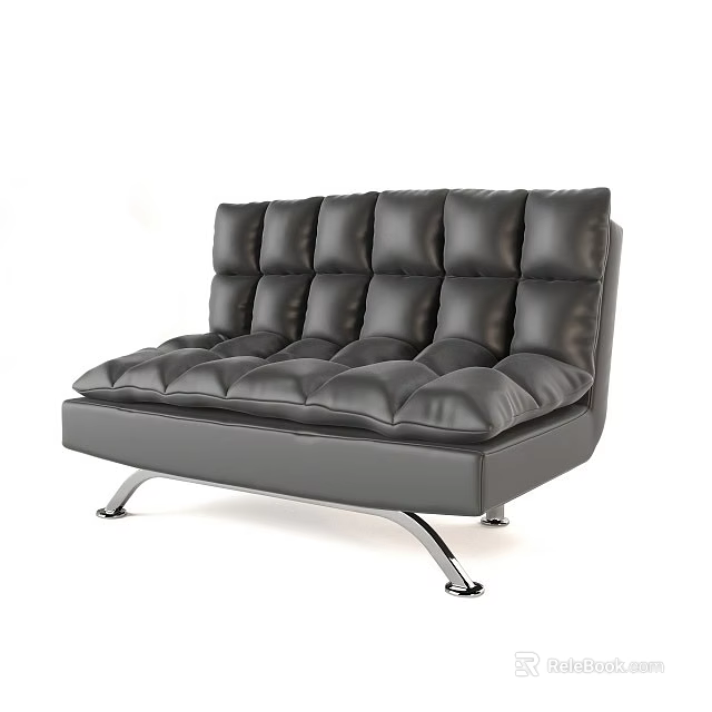 Modern Black Leather Sectional Sofa With Tufted Design And Metal Legs 3d model 