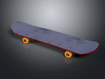 Classic Skateboard With Scratched Gray Deck Red Edge And Yellow Wheels 3d model