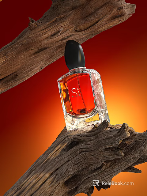 Elegant Perfume Bottle With Transparent Design Red Liquid Black Cap And Wooden Background 3d model 