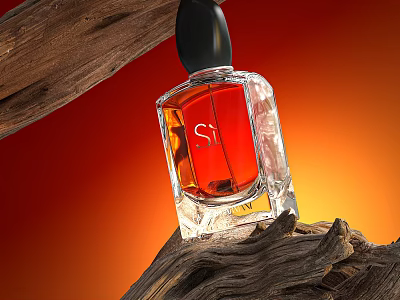 Elegant Perfume Bottle With Transparent Design Red Liquid Black Cap And Wooden Background 3d model