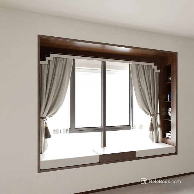 Modern Bay Window Interior Design With Wooden Frame Light Curtains And Storage 3d model 