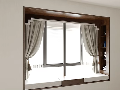 Modern Bay Window Interior Design With Wooden Frame Light Curtains And Storage 3d model