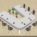 U Shaped Conference Table With White Top Blue Edge Black Office Chairs And Green Plants