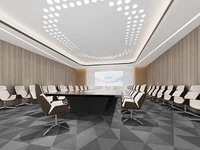 Modern Conference Room With Long Meeting Table Projection Screen Ceiling Lights And Chairs 3d model