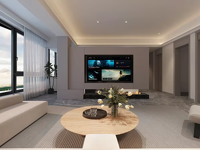 Bright Modern Minimalist Living Room With Large TV Round Wooden Coffee Table And Panoramic Windows 3d model