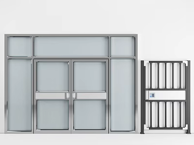 Modern Entry Door With Metal Frame Glass Panels And Iron Railings Design 3d model